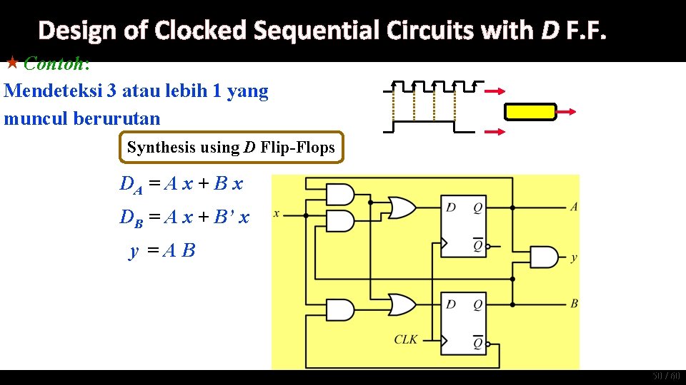 Design of Clocked Sequential Circuits with D F. F. « Contoh: Mendeteksi 3 atau