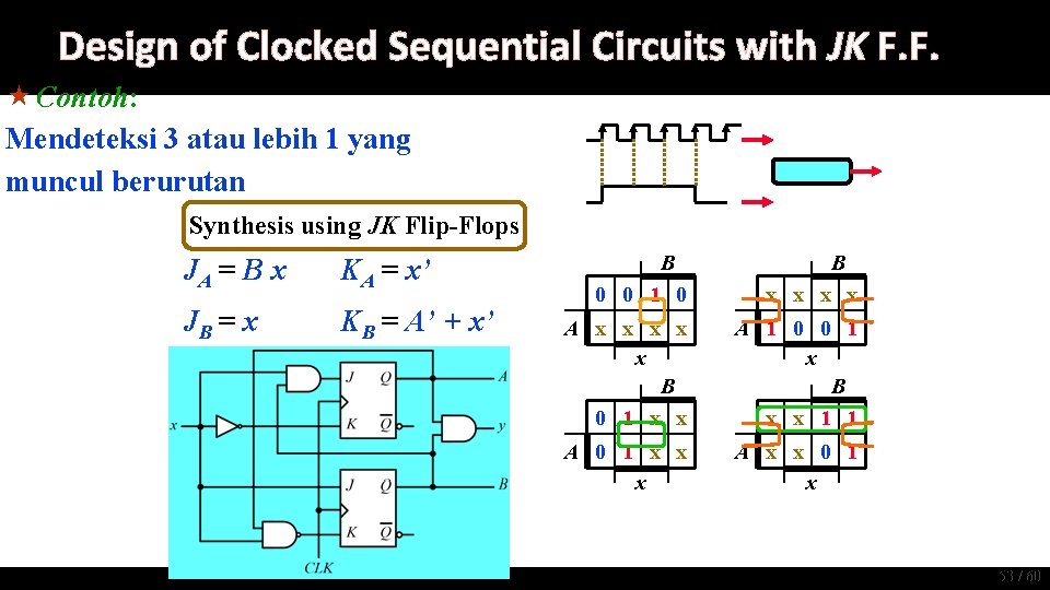 Design of Clocked Sequential Circuits with JK F. F. « Contoh: Mendeteksi 3 atau