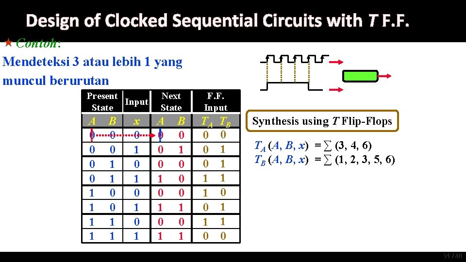Design of Clocked Sequential Circuits with T F. F. « Contoh: Mendeteksi 3 atau