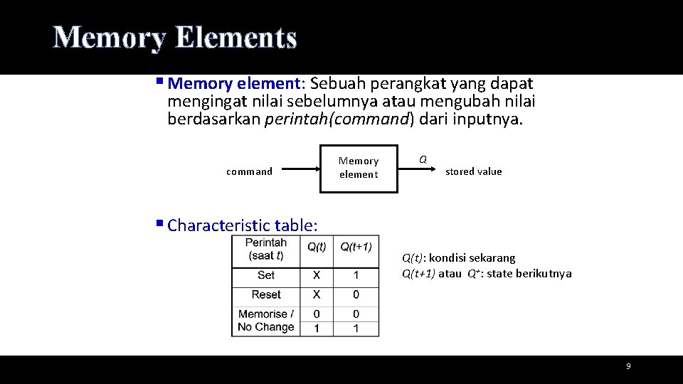 Memory Elements § Memory element: Sebuah perangkat yang dapat mengingat nilai sebelumnya atau mengubah