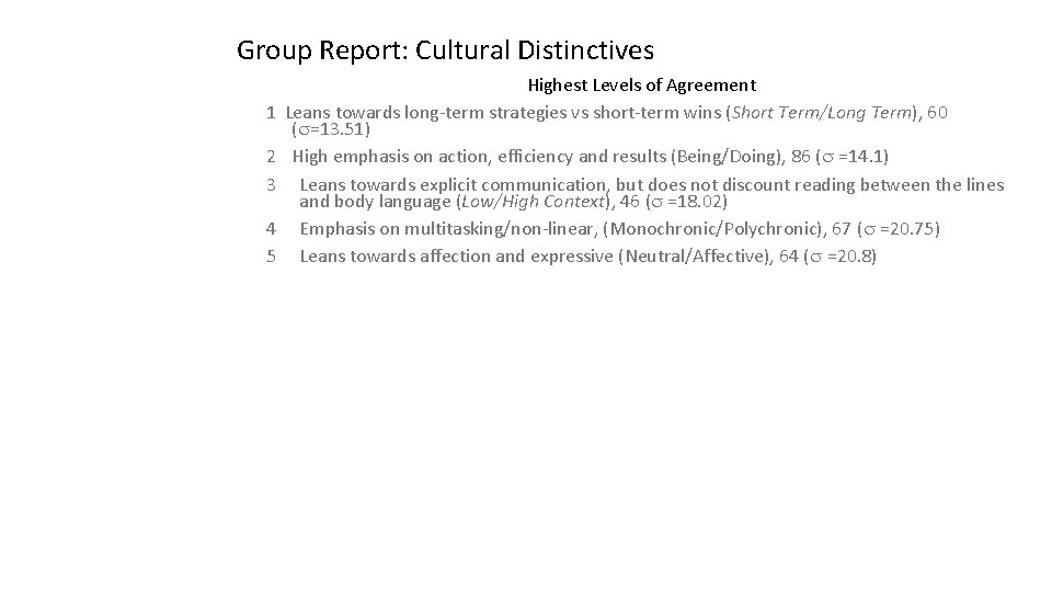 Group Report: Cultural Distinctives 1 2 3 4 5 Highest Levels of Agreement Leans