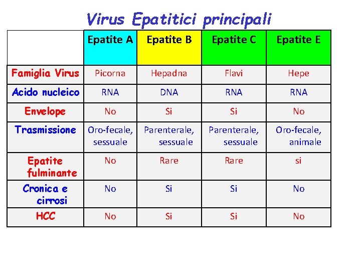 Virus Epatitici principali Epatite A Epatite B Epatite C Epatite E Famiglia Virus Picorna