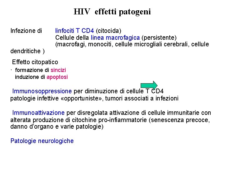 HIV effetti patogeni Infezione di dendritiche ) linfociti T CD 4 (citocida) Cellule della