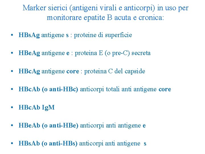 Marker sierici (antigeni virali e anticorpi) in uso per monitorare epatite B acuta e