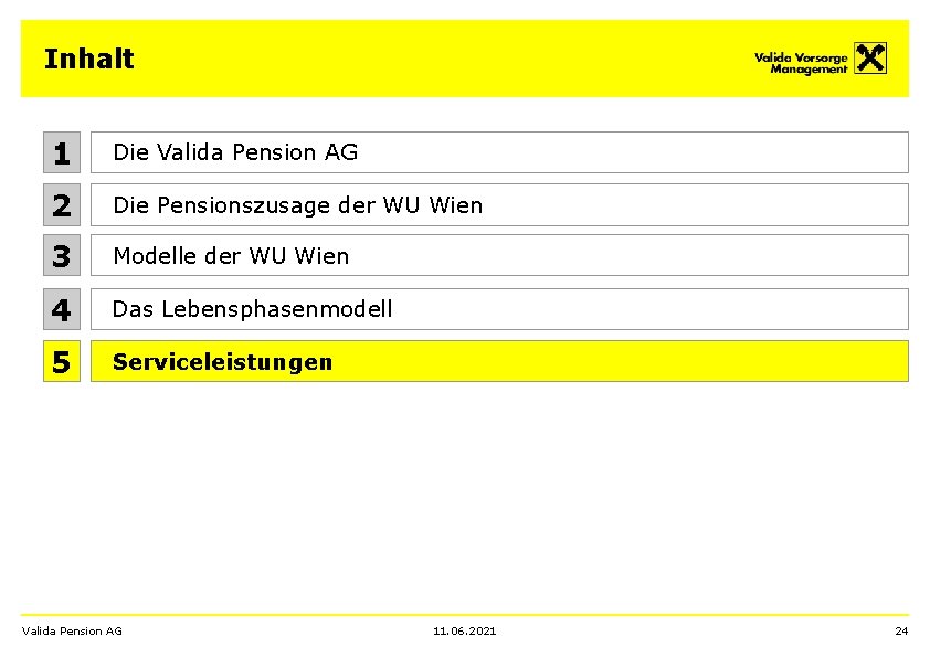 Inhalt 1 Die Valida Pension AG 2 Die Pensionszusage der WU Wien 3 Modelle