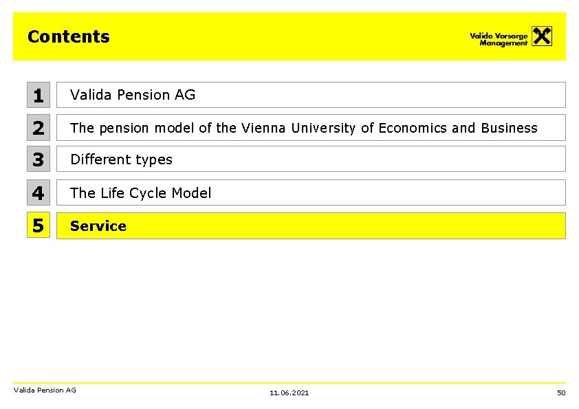 Contents 1 Valida Pension AG 2 The pension model of the Vienna University of