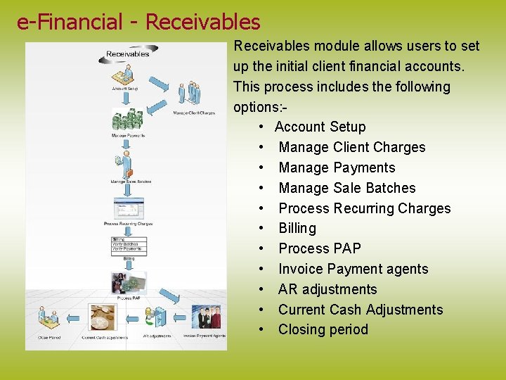 e-Financial - Receivables module allows users to set up the initial client financial accounts.