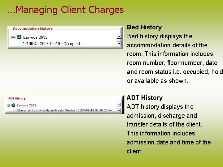 …Managing Client Charges Bed History Bed history displays the accommodation details of the room.