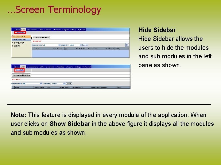 …Screen Terminology Hide Sidebar allows the users to hide the modules and sub modules