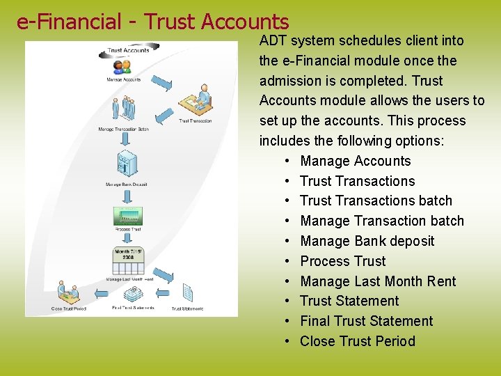 e-Financial - Trust Accounts ADT system schedules client into the e-Financial module once the