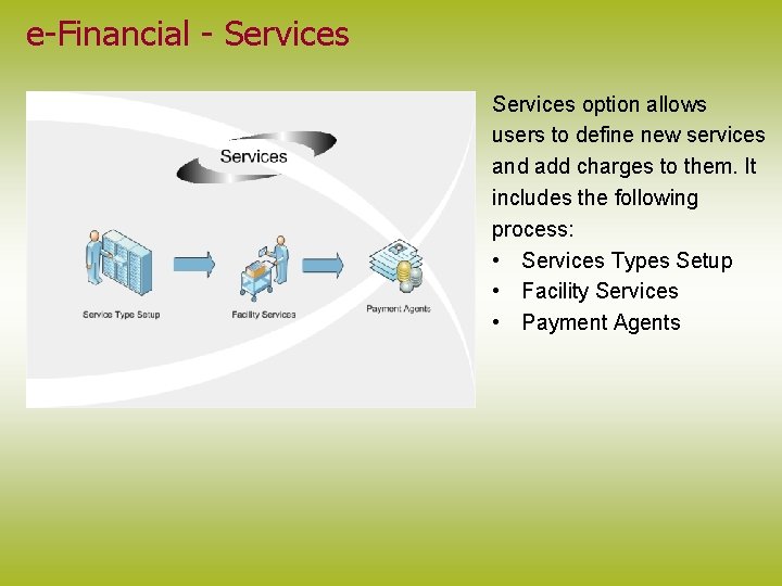 e-Financial - Services option allows users to define new services and add charges to