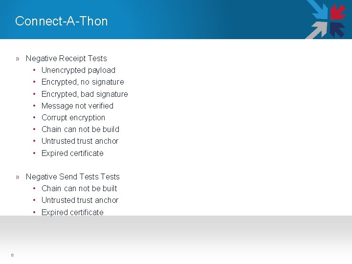 Connect-A-Thon » Negative Receipt Tests • Unencrypted payload • Encrypted, no signature • Encrypted,