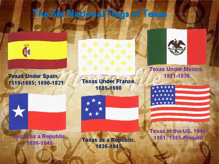 The Six National Flags of Texas Under Spain. 1519 -1685; 1690 -1821 Texas as