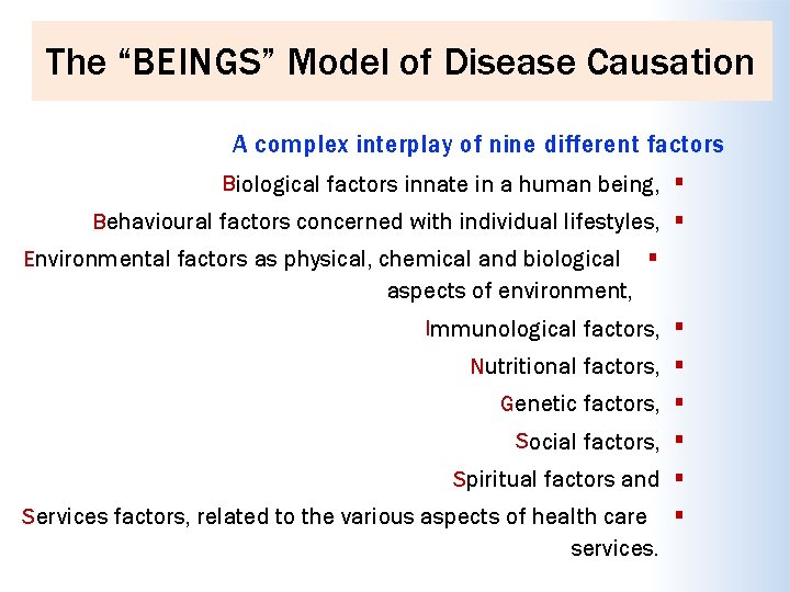 The “BEINGS” Model of Disease Causation A complex interplay of nine different factors Biological