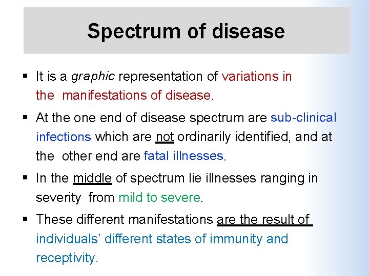 Spectrum of disease It is a graphic representation of variations in the manifestations of