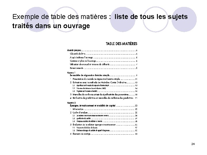 Exemple de table des matières : liste de tous les sujets traités dans un