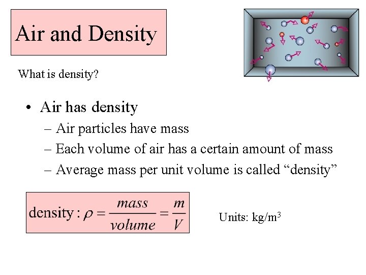 Air and Density What is density? • Air has density – Air particles have