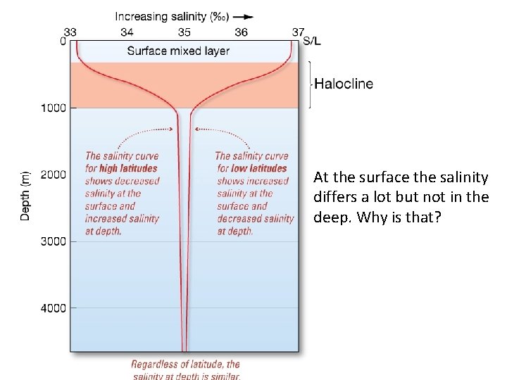 At the surface the salinity differs a lot but not in the deep. Why