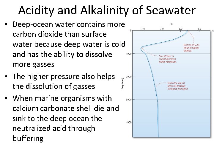 Acidity and Alkalinity of Seawater • Deep-ocean water contains more carbon dioxide than surface