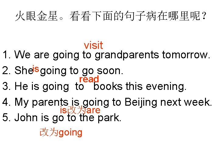 火眼金星。看看下面的句子病在哪里呢？ visit 1. We are going to grandparents tomorrow. 2. Sheis going to go