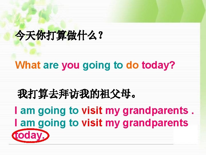 今天你打算做什么? What are you going to do today? 我打算去拜访我的祖父母。 I am going to visit 今天你打算做什么? What are you going to do today? 我打算去拜访我的祖父母。 I am going to visit