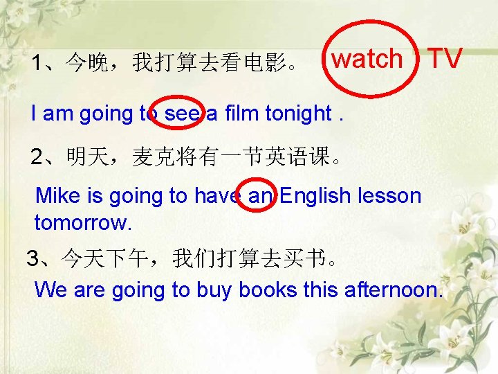 1、今晚,我打算去看电影。 watch TV I am going to see a film tonight. 2、明天,麦克将有一节英语课。 Mike is 1、今晚,我打算去看电影。 watch TV I am going to see a film tonight. 2、明天,麦克将有一节英语课。 Mike is