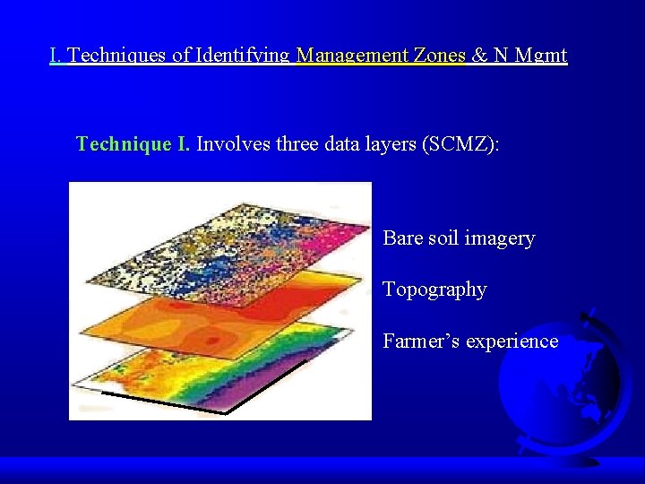 I. Techniques of Identifying Management Zones & N Mgmt Technique I. Involves three data