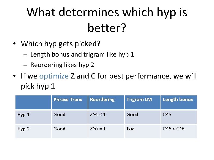 What determines which hyp is better? • Which hyp gets picked? – Length bonus What determines which hyp is better? • Which hyp gets picked? – Length bonus