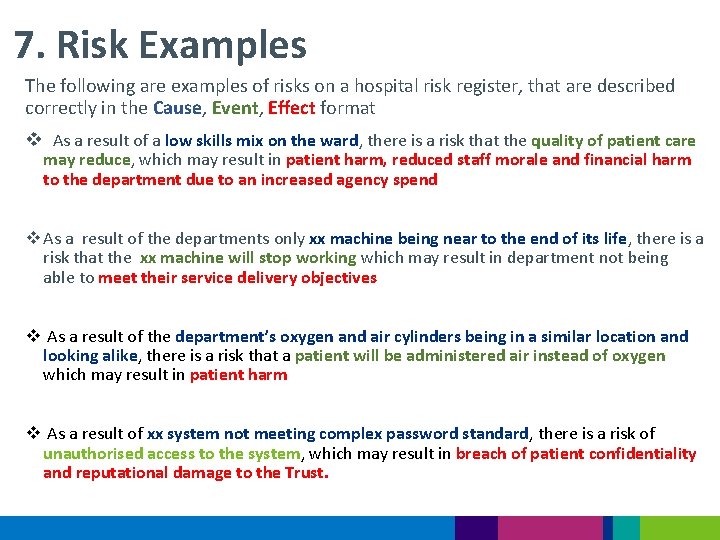 7. Risk Examples The following are examples of risks on a hospital risk register,