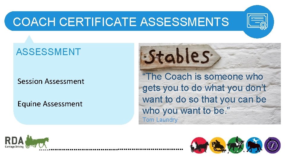 COACH CERTIFICATE ASSESSMENTS ASSESSMENT Session Assessment Equine Assessment “The Coach is someone who gets