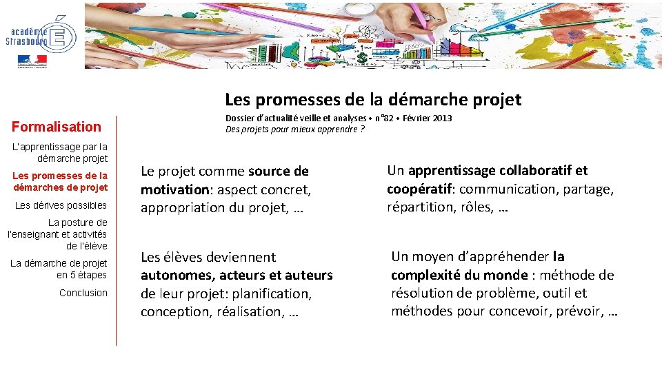 Les promesses de la démarche projet Formalisation L’apprentissage par la démarche projet Les promesses