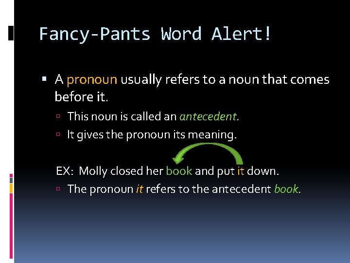 Fancy-Pants Word Alert! A pronoun usually refers to a noun that comes before it.