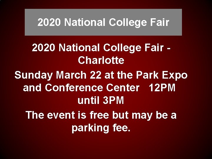 2020 National College Fair Charlotte Sunday March 22 at the Park Expo and Conference