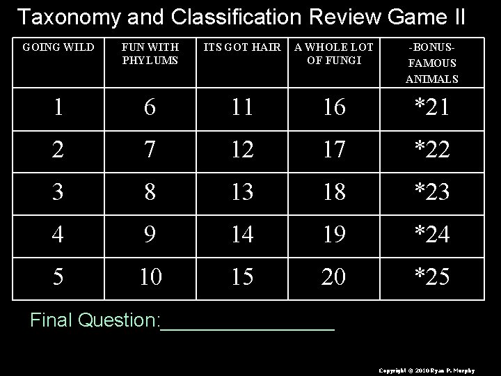 Taxonomy and Classification Review Game II GOING WILD FUN WITH PHYLUMS ITS GOT HAIR