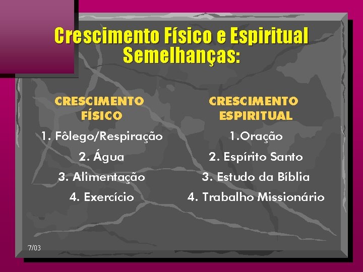 Crescimento Físico e Espiritual Semelhanças: CRESCIMENTO FÍSICO CRESCIMENTO ESPIRITUAL 1. Fôlego/Respiração 1. Oração 2.