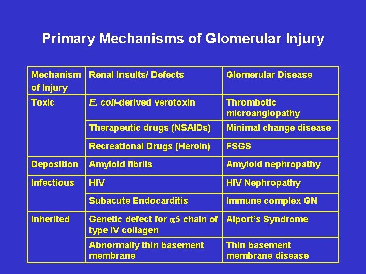 Primary Mechanisms of Glomerular Injury Mechanism Renal Insults/ Defects of Injury Glomerular Disease Toxic