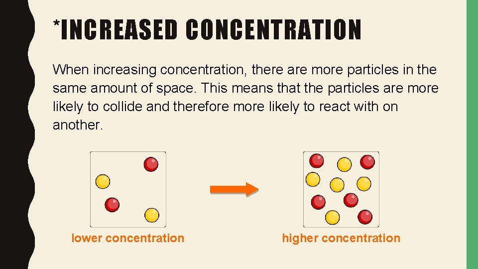 *INCREASED CONCENTRATION When increasing concentration, there are more particles in the same amount of