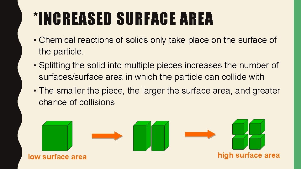 *INCREASED SURFACE AREA • Chemical reactions of solids only take place on the surface