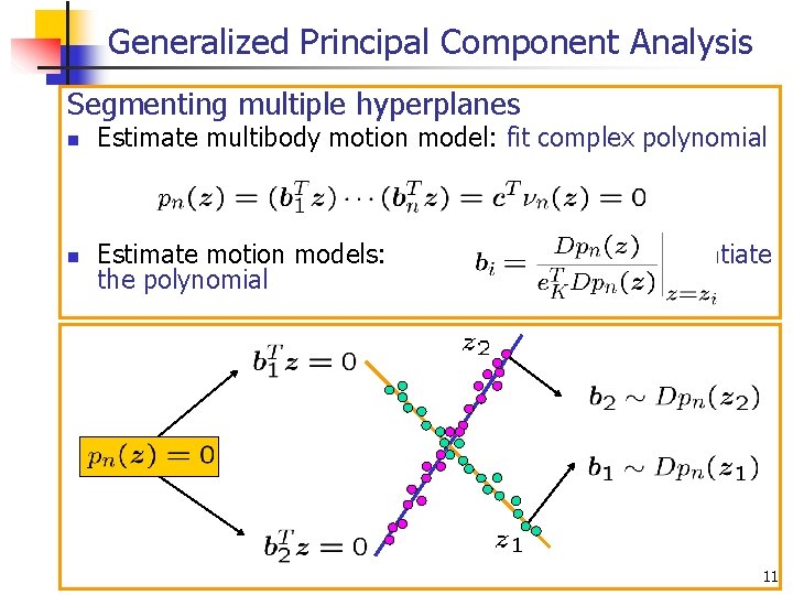Generalized Principal Component Analysis Segmenting multiple hyperplanes n Estimate multibody motion model: fit complex