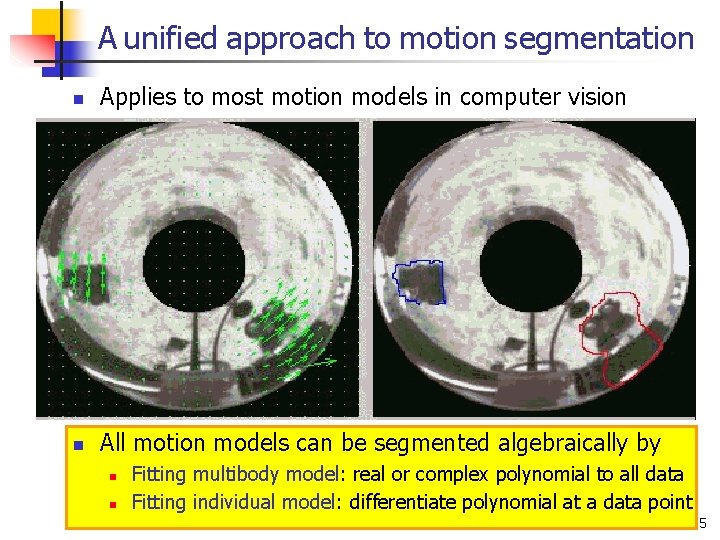A unified approach to motion segmentation n Applies to most motion models in computer