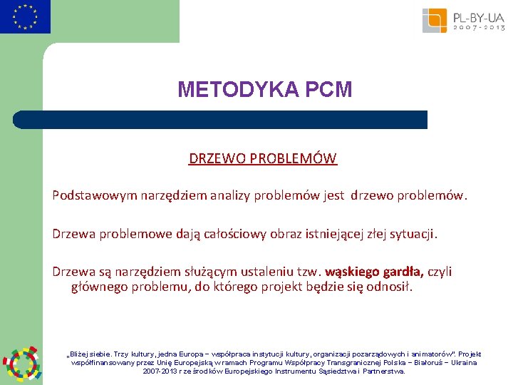 METODYKA PCM DRZEWO PROBLEMÓW Podstawowym narzędziem analizy problemów jest drzewo problemów. Drzewa problemowe dają