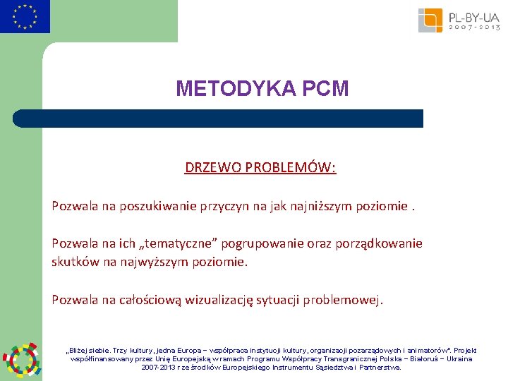 METODYKA PCM DRZEWO PROBLEMÓW: Pozwala na poszukiwanie przyczyn na jak najniższym poziomie. Pozwala na