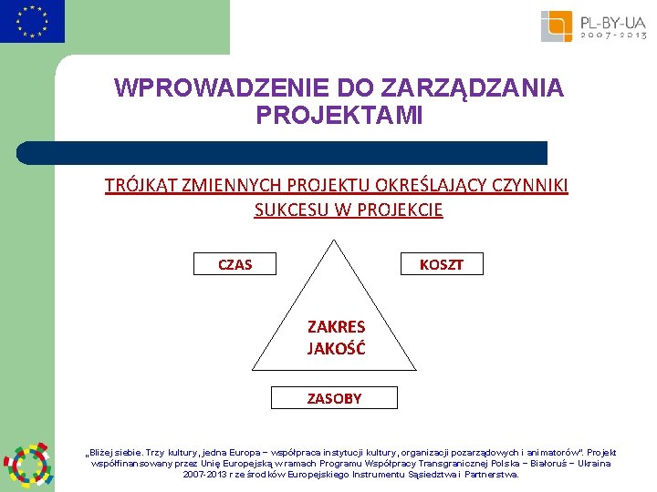 WPROWADZENIE DO ZARZĄDZANIA PROJEKTAMI TRÓJKĄT ZMIENNYCH PROJEKTU OKREŚLAJĄCY CZYNNIKI SUKCESU W PROJEKCIE CZAS KOSZT