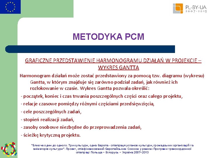 METODYKA PCM GRAFICZNE PRZEDSTAWIENIE HARMONOGRAMU DZIAŁAŃ W PROJEKCIE – WYKRES GANTTA Harmonogram działań może