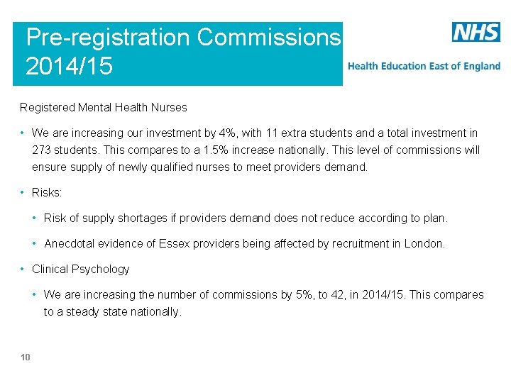 Pre-registration Commissions 2014/15 Registered Mental Health Nurses • We are increasing our investment by