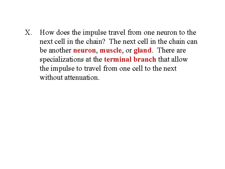 X. How does the impulse travel from one neuron to the next cell in