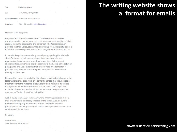 The writing website shows a format for emails www. craftofscientificwriting. com 