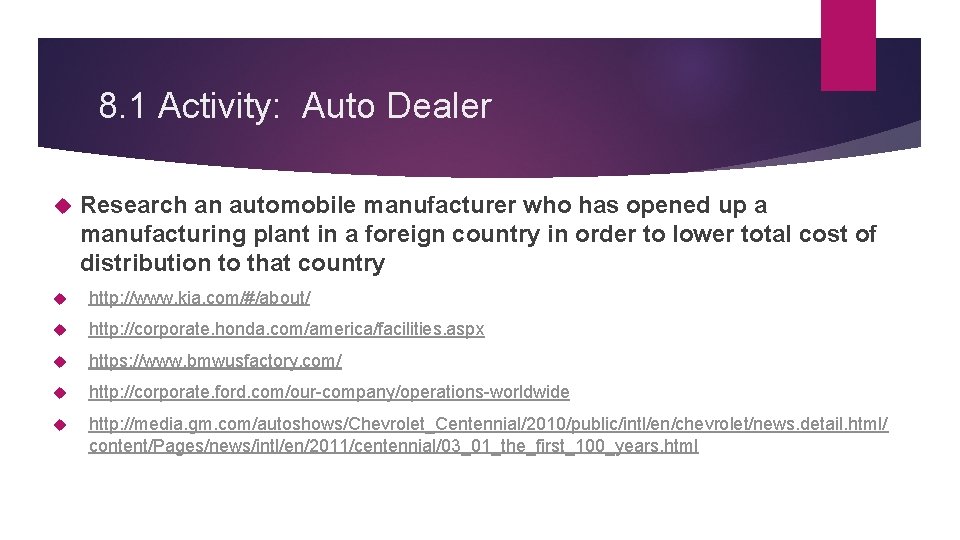 8. 1 Activity: Auto Dealer Research an automobile manufacturer who has opened up a