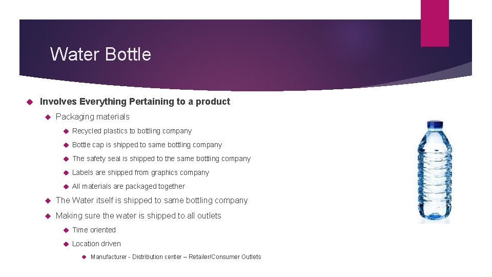 Water Bottle Involves Everything Pertaining to a product Packaging materials Recycled plastics to bottling