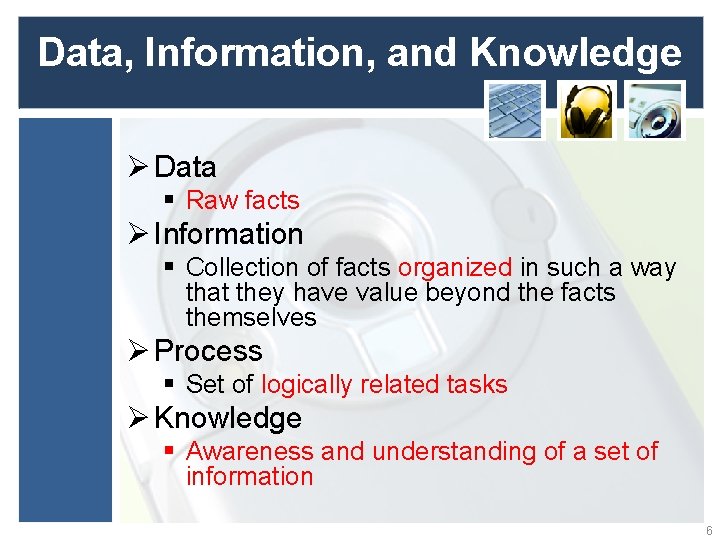 Data, Information, and Knowledge Ø Data § Raw facts Ø Information § Collection of